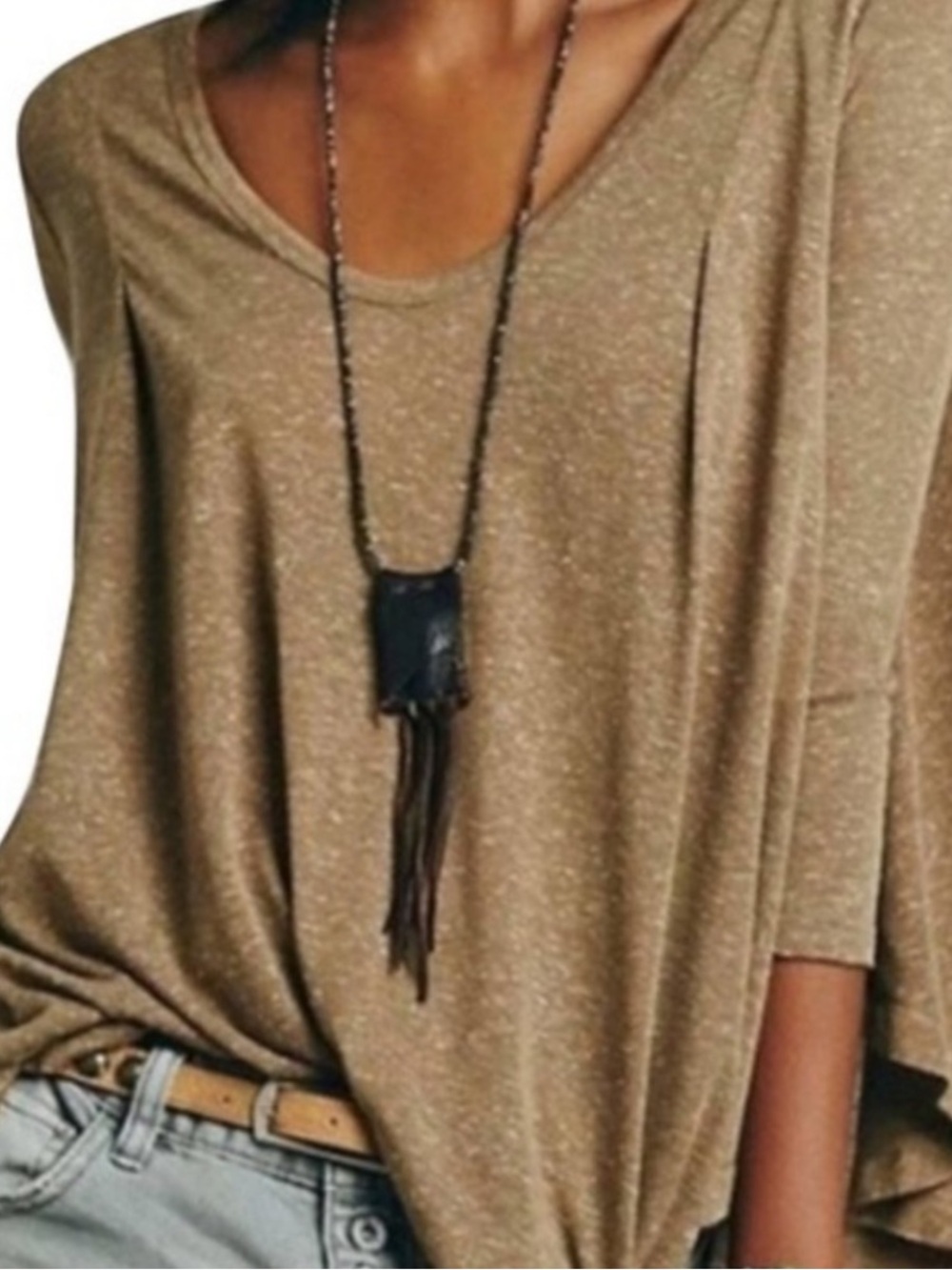 Free People Olive Green Brown Tambourine Swing Loose 3/4 Sleeve Top Small